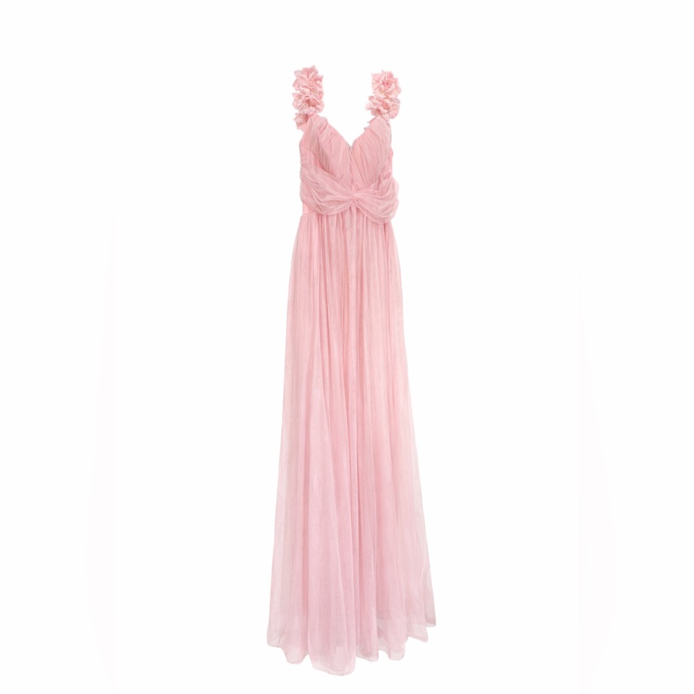 Pink Chiffon Maxi Dress Floral Strap Detail Size M